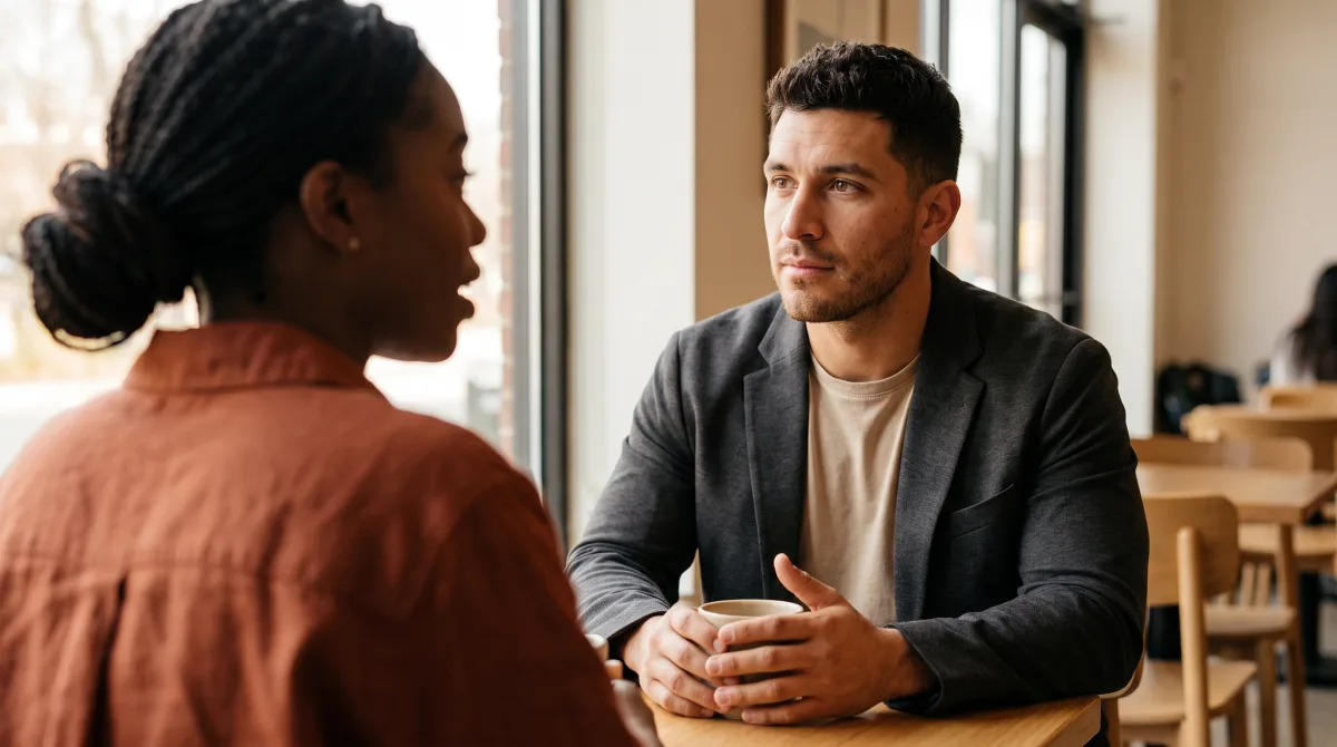 Two people at a café table seen over one person's shoulder, the other's gaze drifting past them toward something out of frame