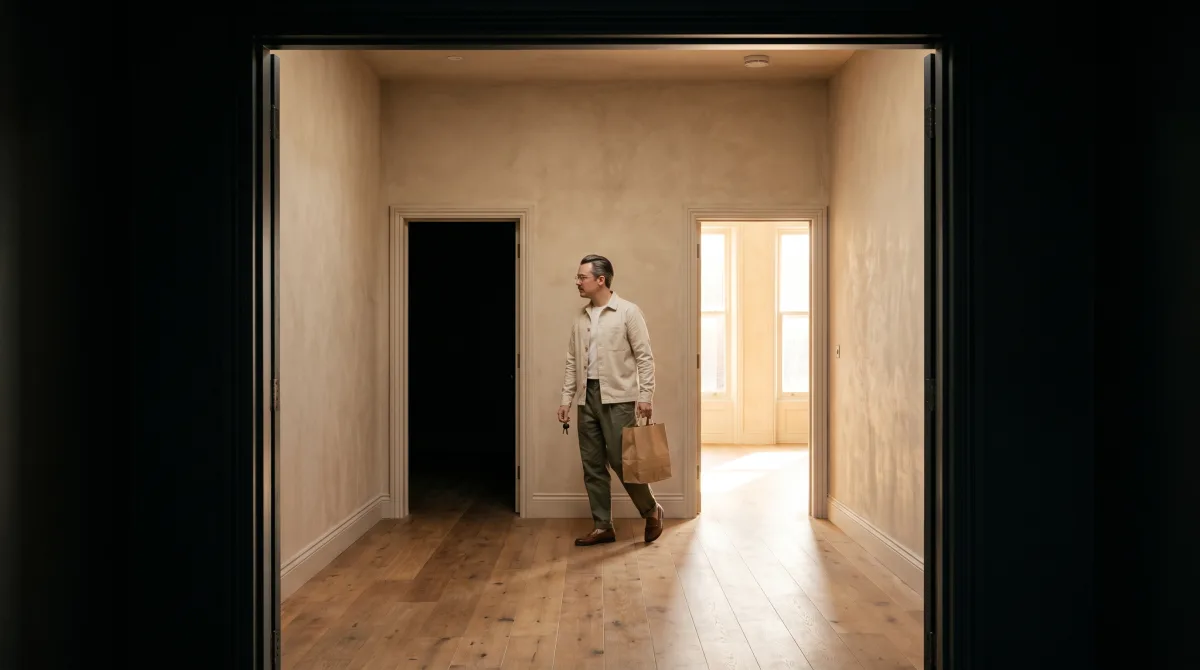 A person standing in a hallway between two doorways, one dark and one filled with warm light