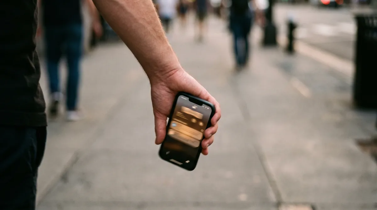 A phone held loosely at hip height during an outdoor walk, its lock screen showing blurred notification shapes with no legible text