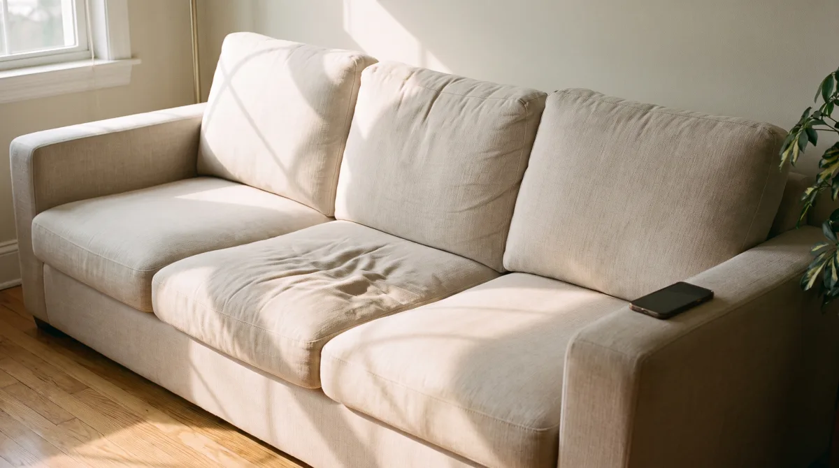 A sunlit living room with a linen sofa holding three throw cushions, only the middle one dented from recent use, a phone lying face-up on the armrest