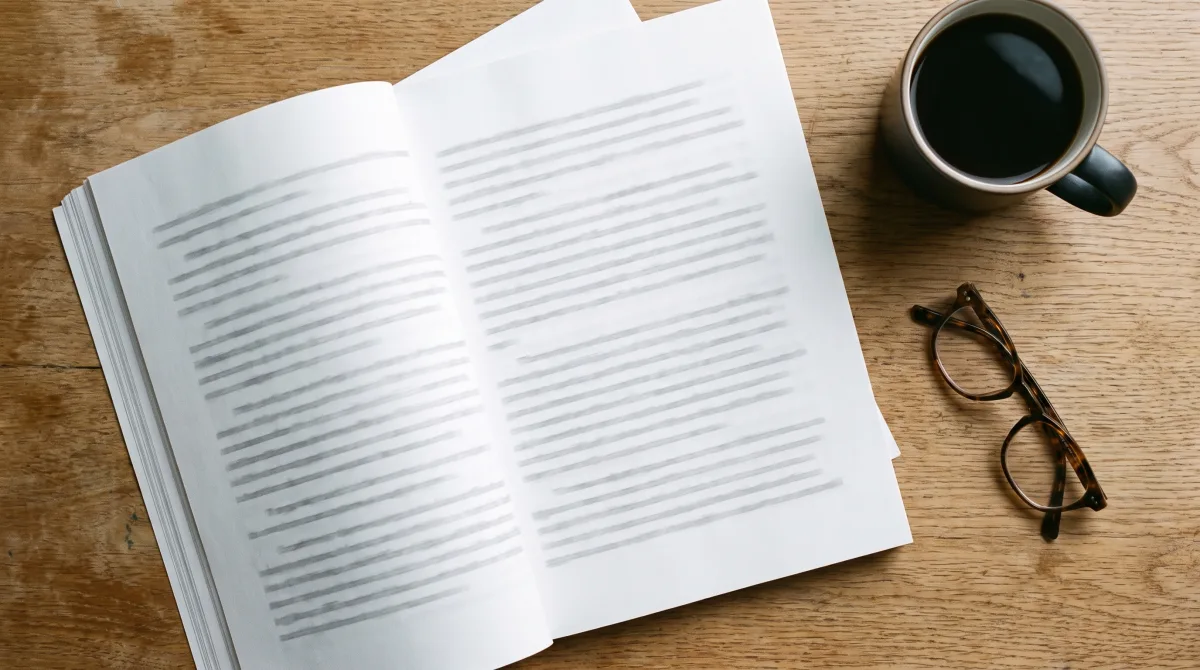 A printed multi-page date-me doc fanned across a wooden desk beside coffee and reading glasses, the text rendered as soft abstract strokes