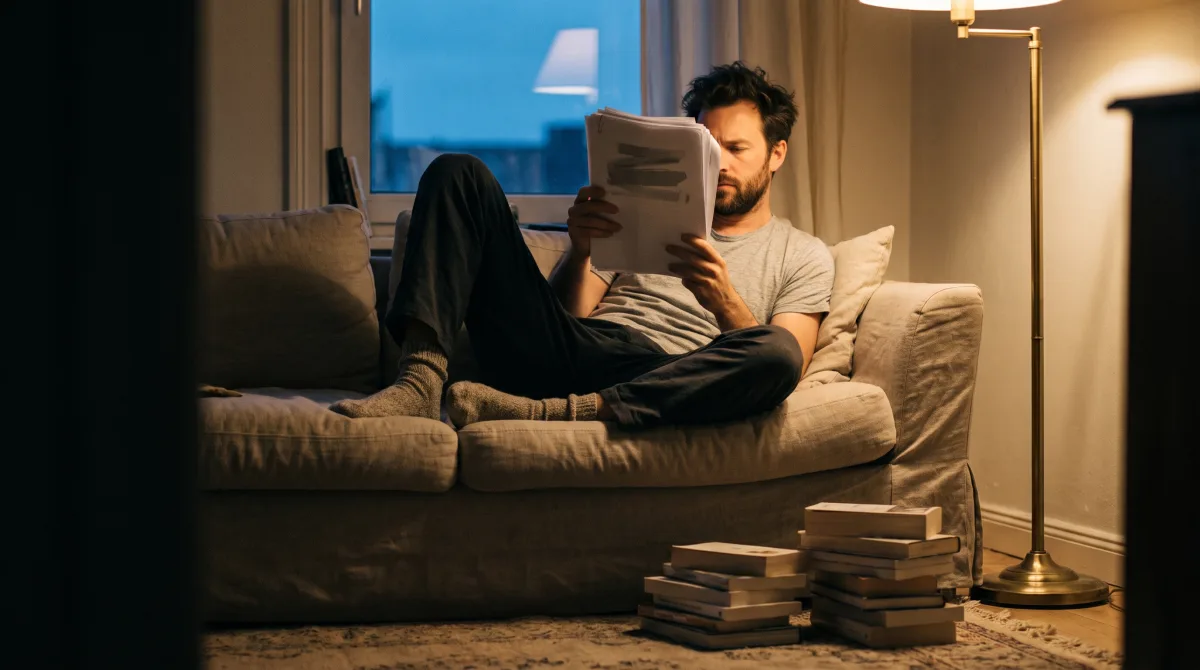 A person reading a long printout on a sofa in the evening, wool socks tucked under them, a warm lamp lighting the page
