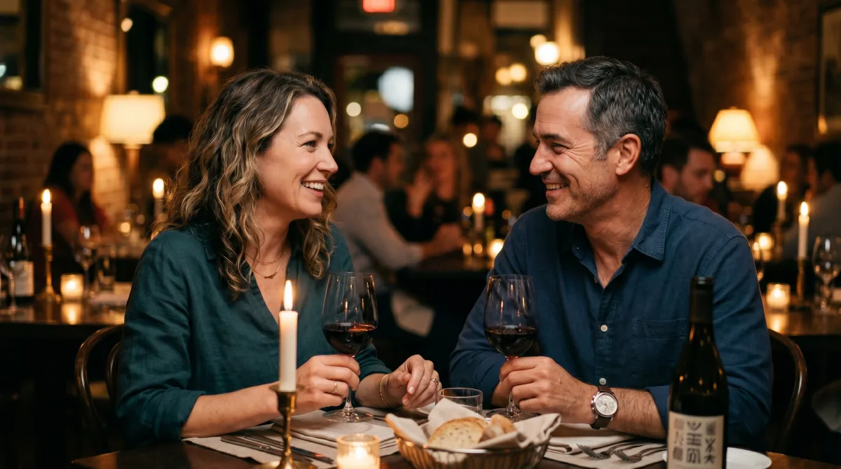 Two people in their forties in a relaxed candlelit conversation — a second-chance first date without the swipe grind