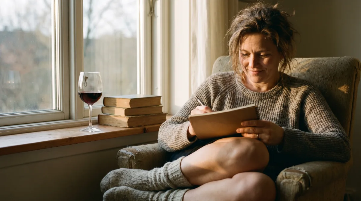A confident woman in her forties writing by a window at dusk — dating later with clear intent