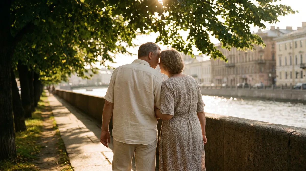 A couple in their fifties walking along a tree-lined river embankment on a summer evening, seen from behind, mid-conversation