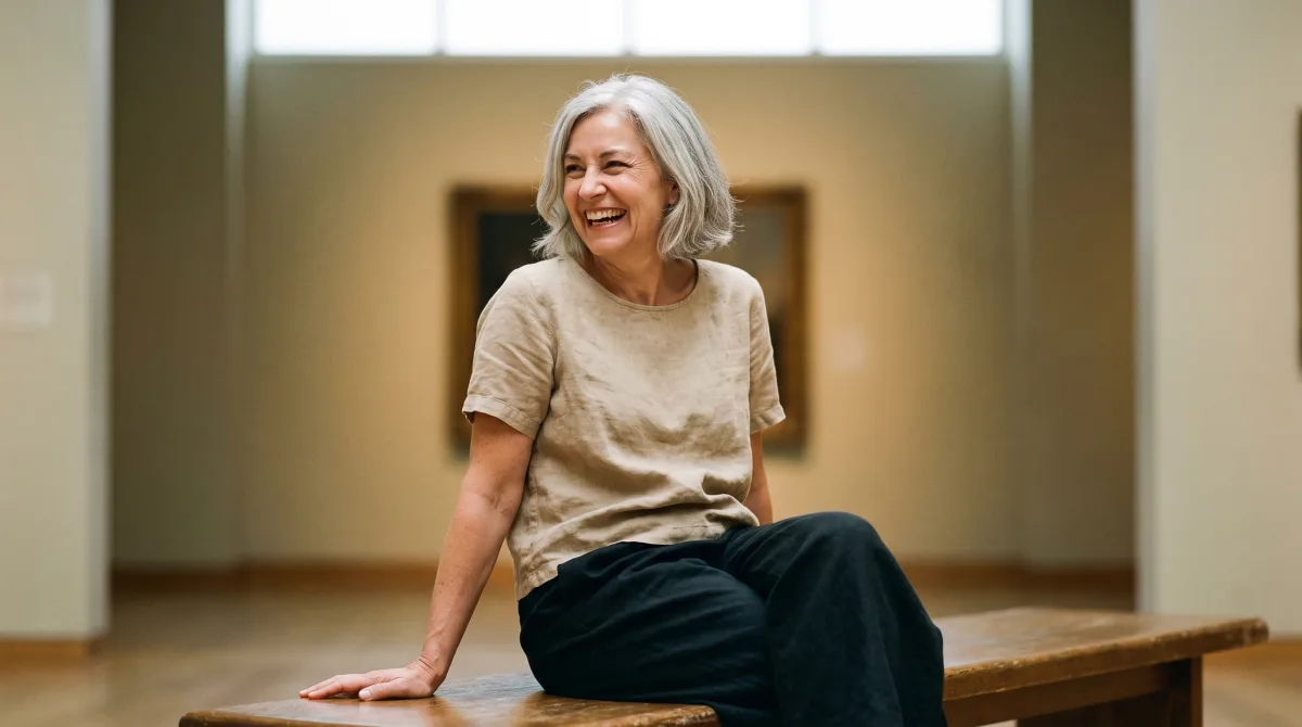 A woman in her mid-fifties with natural grey hair laughing on a museum gallery bench, dressed in linen, caught mid-conversation in soft daylight