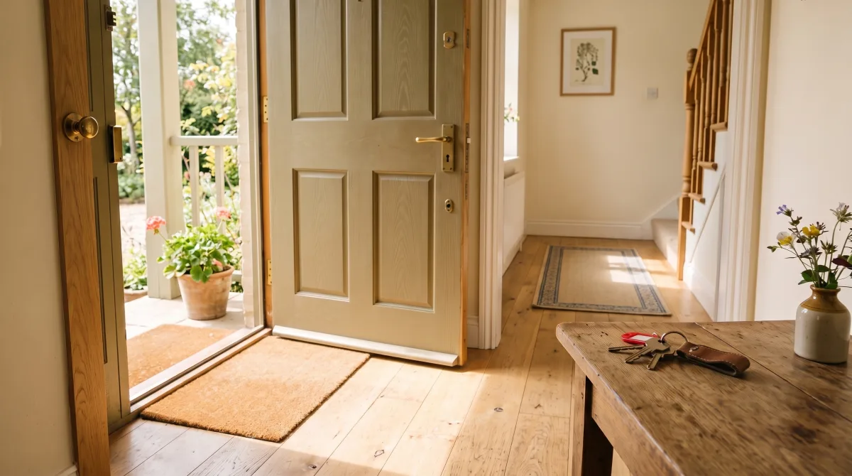 A wooden front door standing open onto a sunlit hallway, morning light spilling across the floor