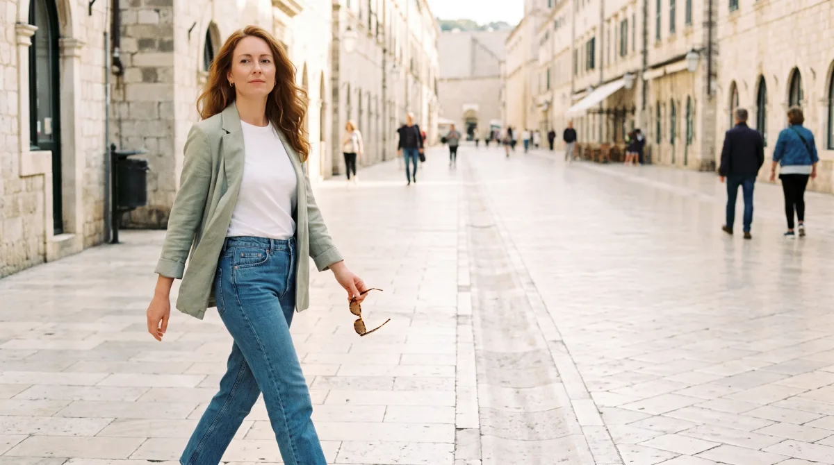 A person walking mid-stride along a sunlit street on an ordinary morning, eyes forward, unhurried