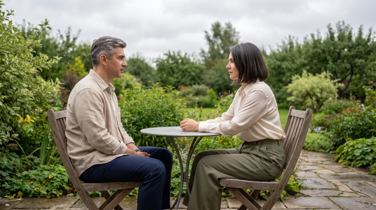 A woman in her early forties listening closely to a man across a small table on a private garden terrace in late-summer light