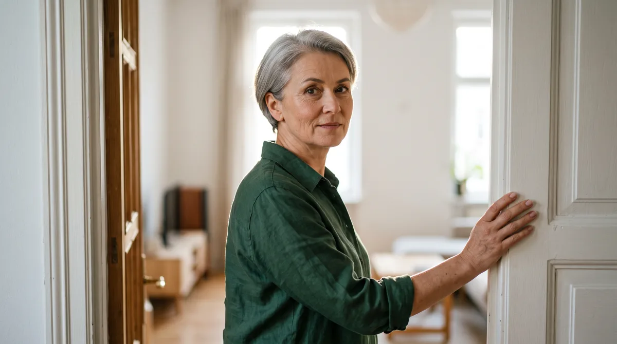 A woman in her late fifties stands in a sunlit doorway, meeting the camera's eye with a calm, present expression, one hand resting easily on the doorframe