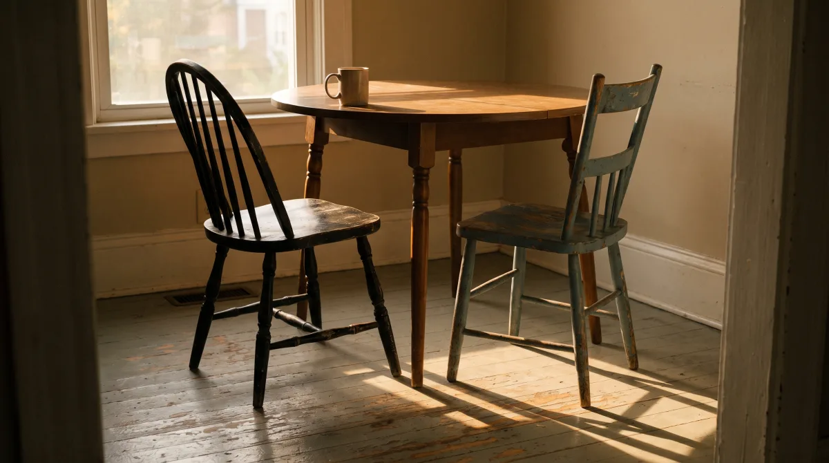 Two mismatched wooden chairs at a small kitchen table in warm afternoon light, no people in frame