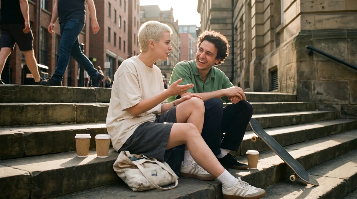 Two people in their early twenties sitting on wide stone city steps in late-afternoon light, mid-conversation, one gesturing as they talk