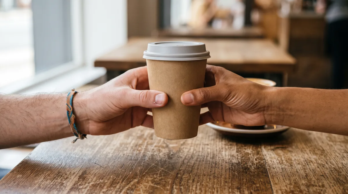 Close-up of two hands passing a paper coffee cup across a worn wooden table, no faces visible