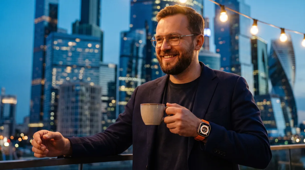 Portrait of a young founder mid-thought in warm lamp light against a blue-dusk skyline, calm and considered