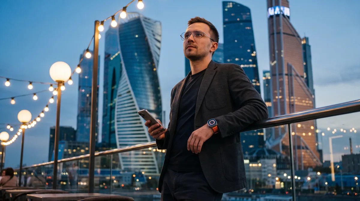 A sharp young founder on a rooftop at blue hour, glancing up from his phone toward the city skyline, contemplative