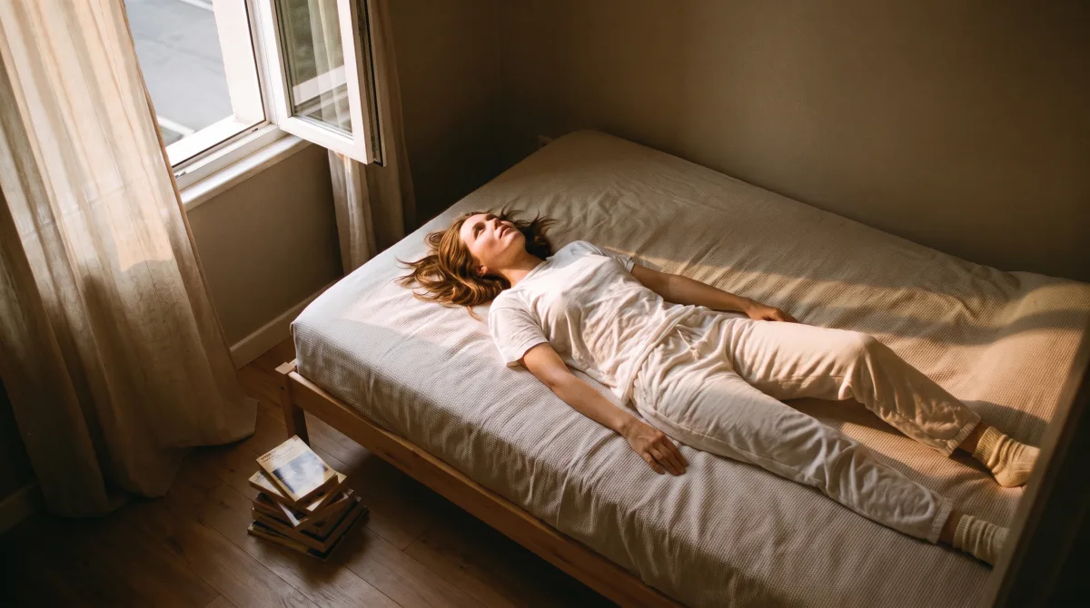 A person lying on a made bed staring at the ceiling in late-afternoon light, a stack of unread paperbacks on the floor beside them