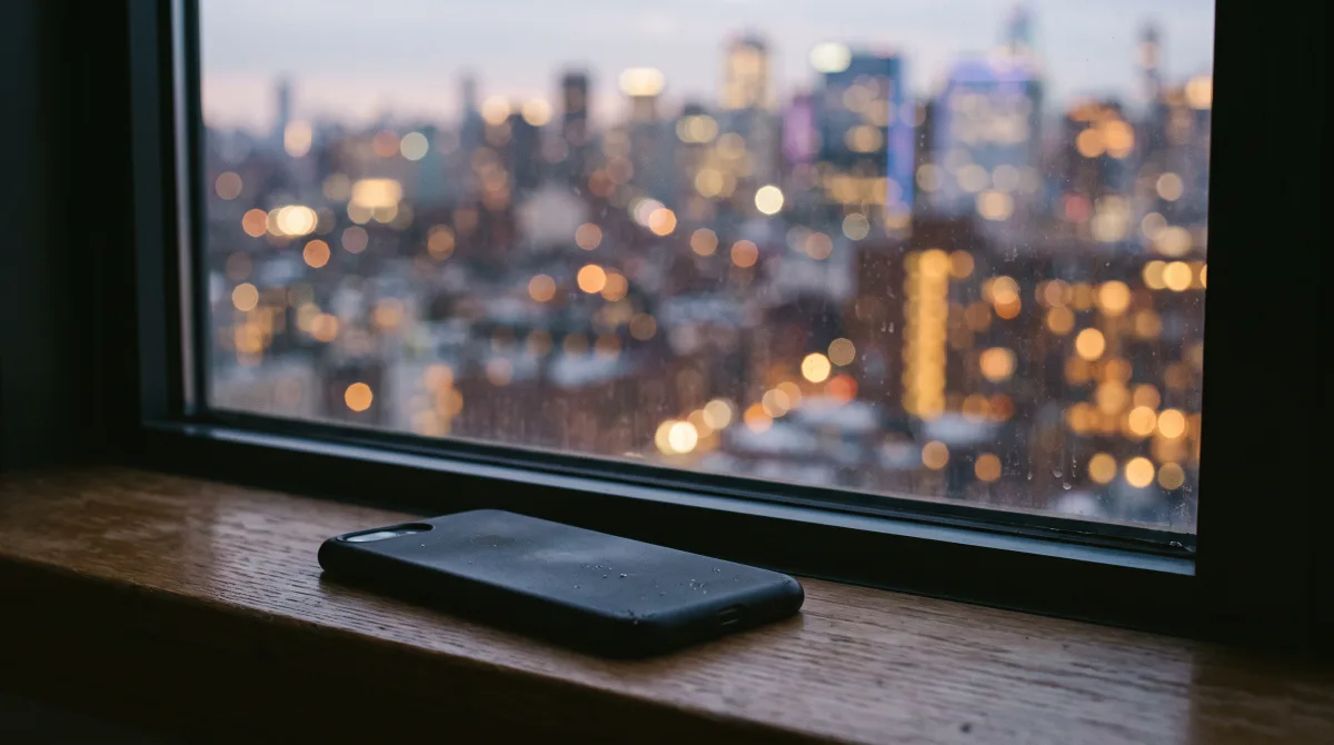 A phone lying face-down on a dim windowsill at dusk, city lights blurring behind the glass