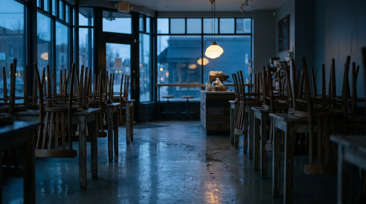 A row of empty café tables at closing time, chairs upturned onto the tabletops, one warm lamp still lit at the far end