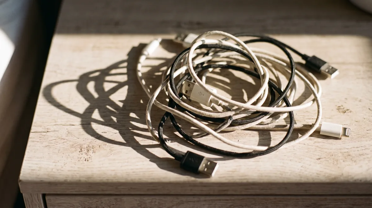 A tangle of unplugged phone chargers coiled on a bedside table in hard morning light, nothing connected to anything