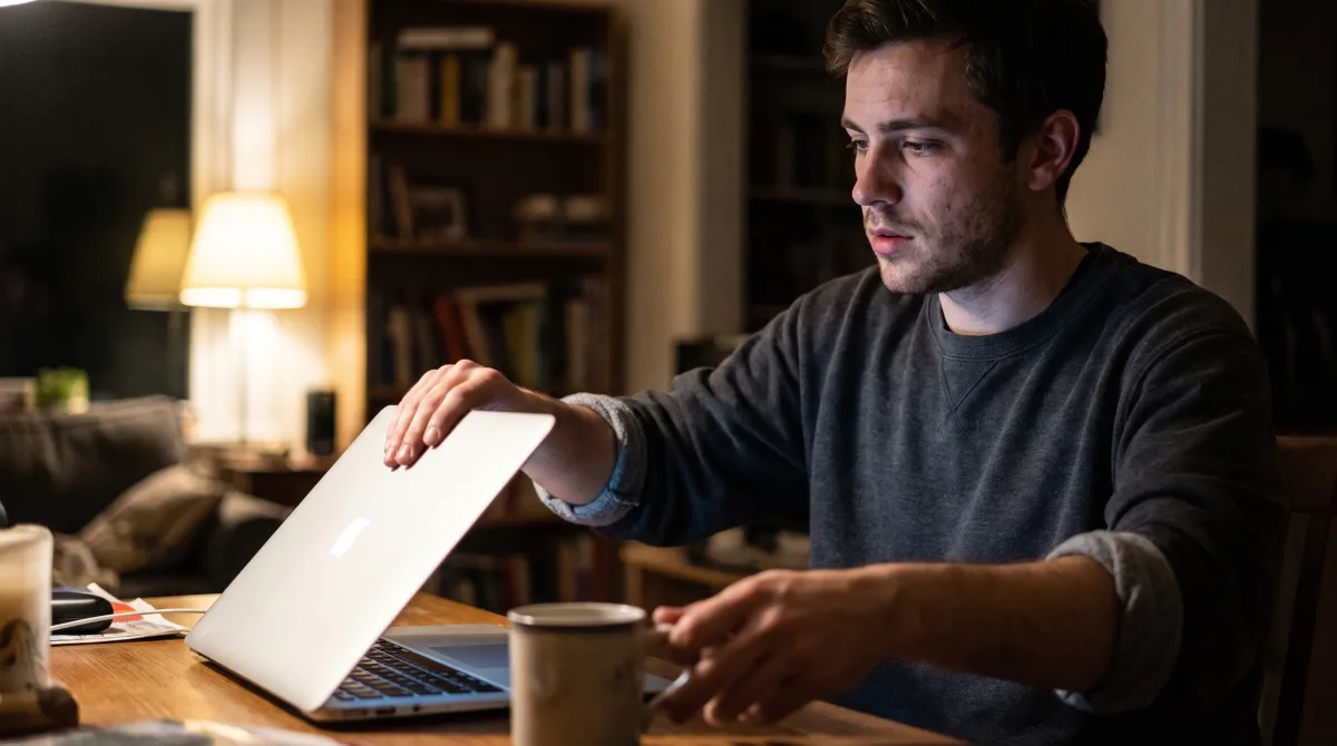 A man closing his laptop in a lamplit room in the evening, finished checking other profiles for the night