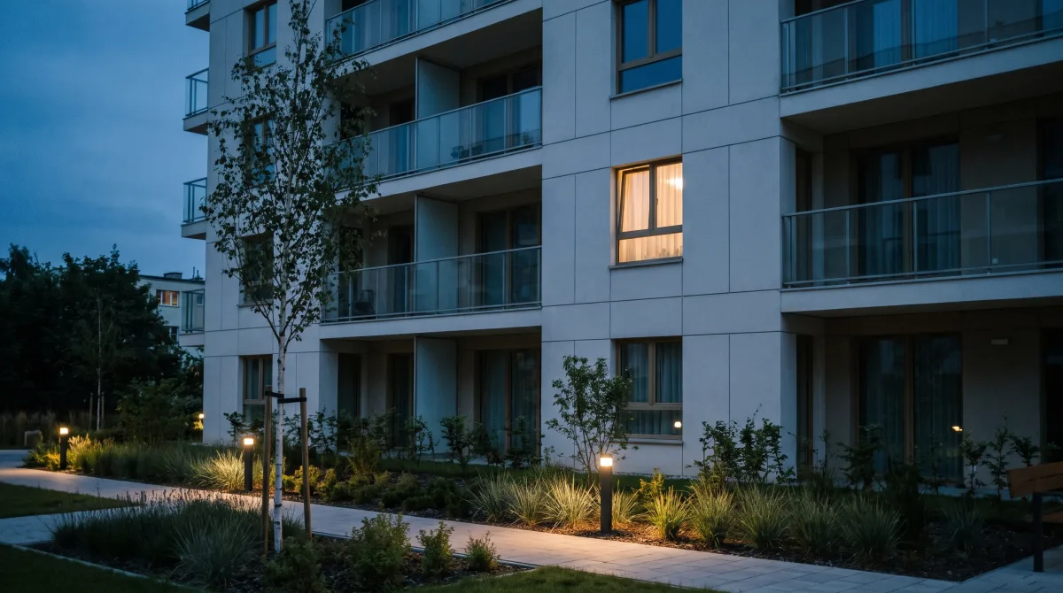 A modern new-build apartment building at dusk with a single warmly lit window among dark ones