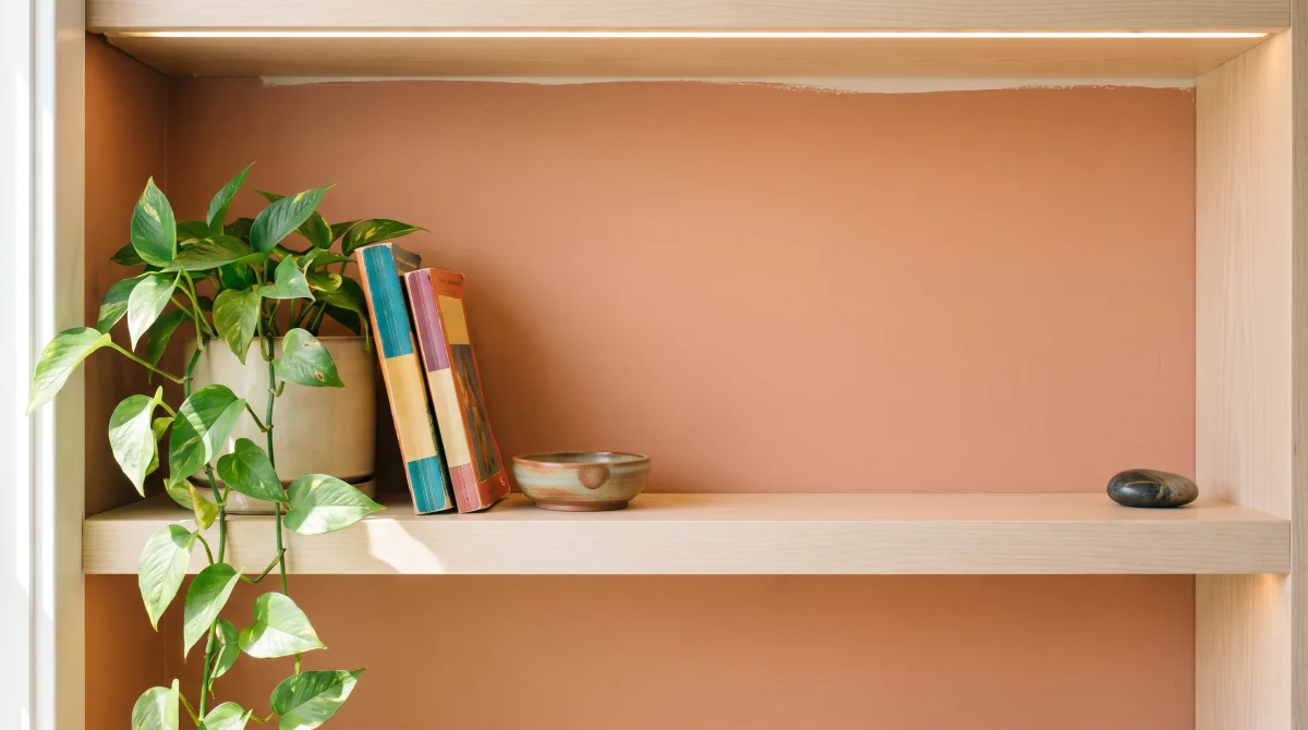 A bright modern shelf with a clean empty gap in the middle of a row of belongings