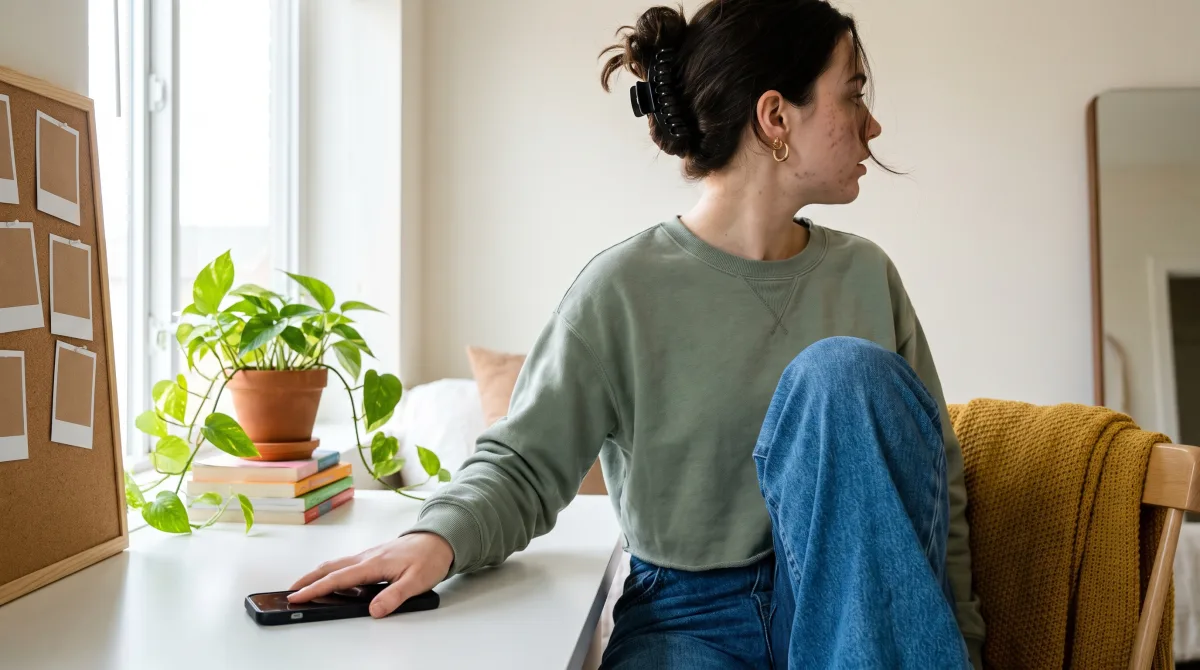 A young woman pressing her phone face-down on a bright desk, already turning away