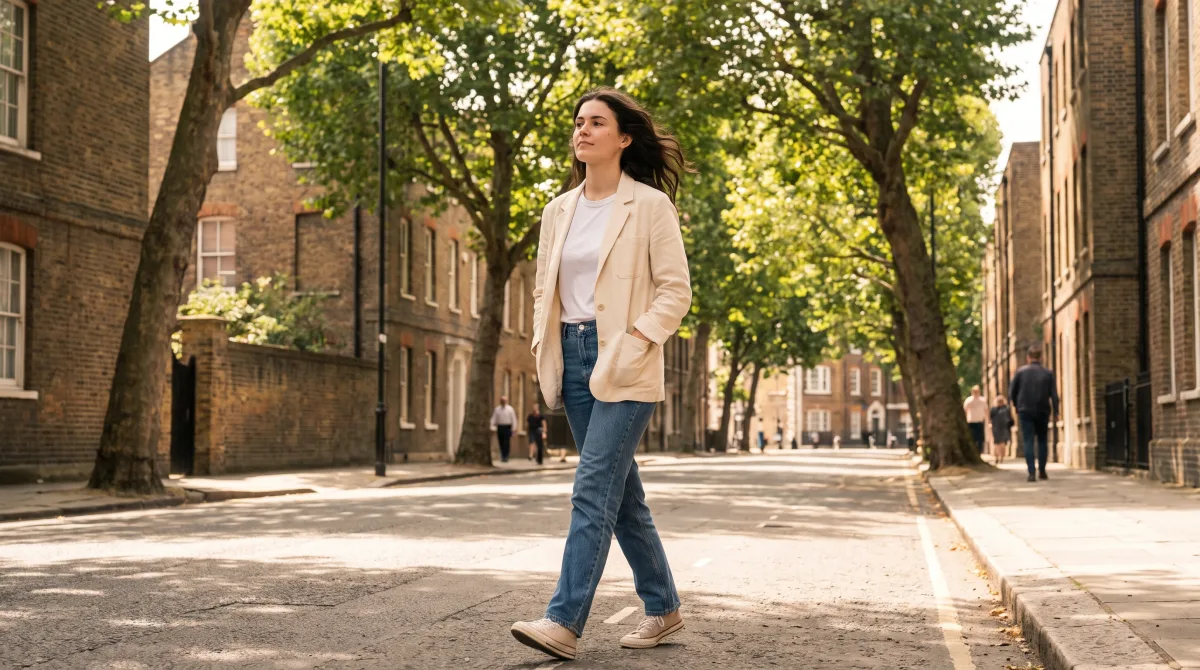 A young woman walking a sunlit tree-lined street, hands in her pockets, no phone anywhere in the frame