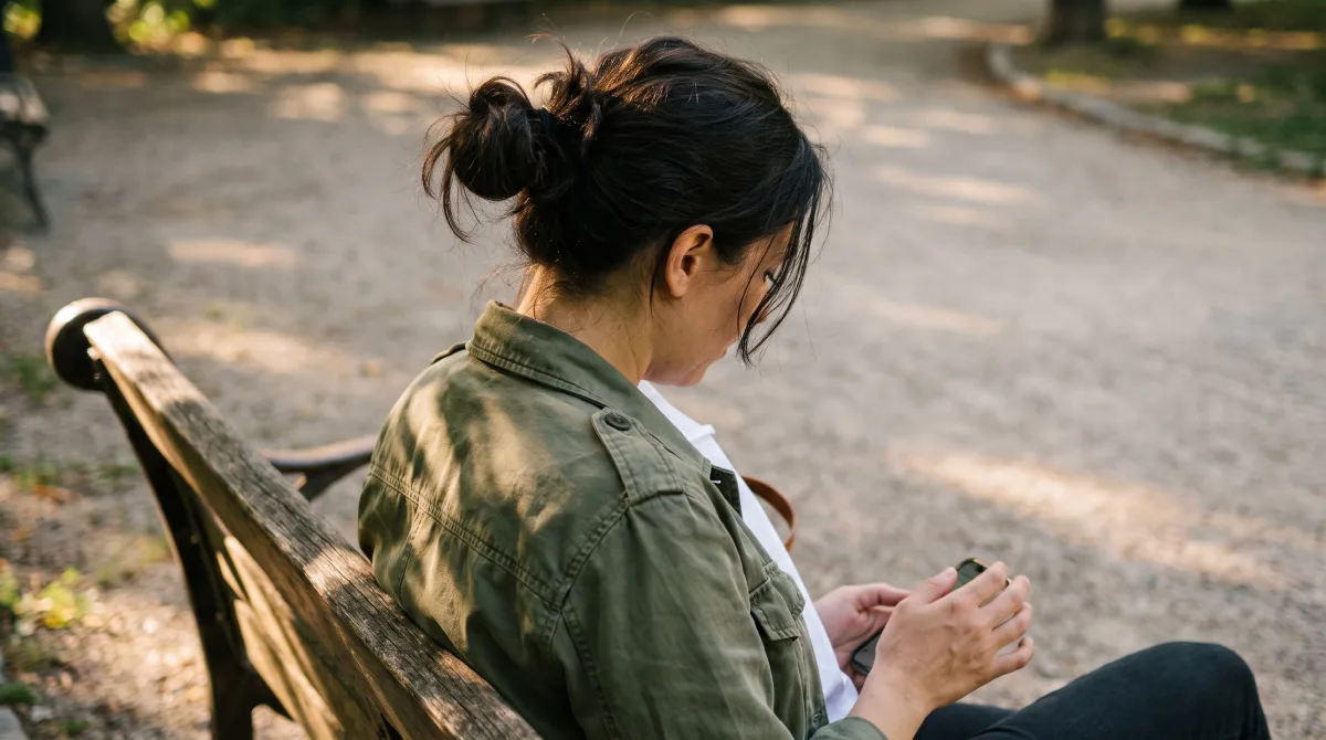 A young woman on a park bench reading intently on her phone, thumb hovering near the screen but not yet tapping anything