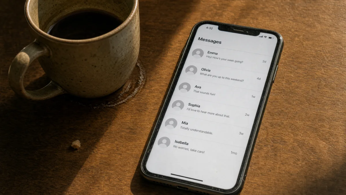A phone beside cold coffee, its message list showing six conversations last answered days or weeks ago