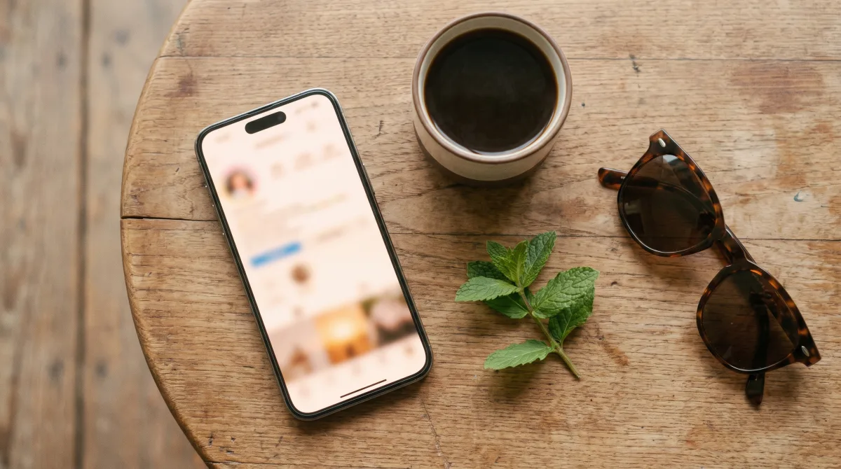 A phone showing a blurred profile screen resting beside a cup of coffee on a wooden table, flat-lay view