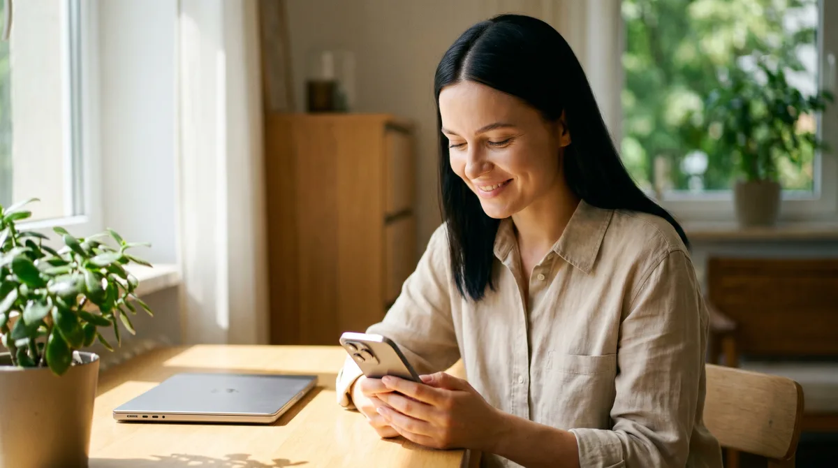 A person smiling warmly while reading a thoughtful match message on their phone in soft daylight