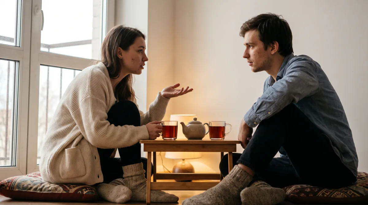 Two people sharing tea at a low table, leaning in mid-conversation, no phones or screens anywhere in the frame