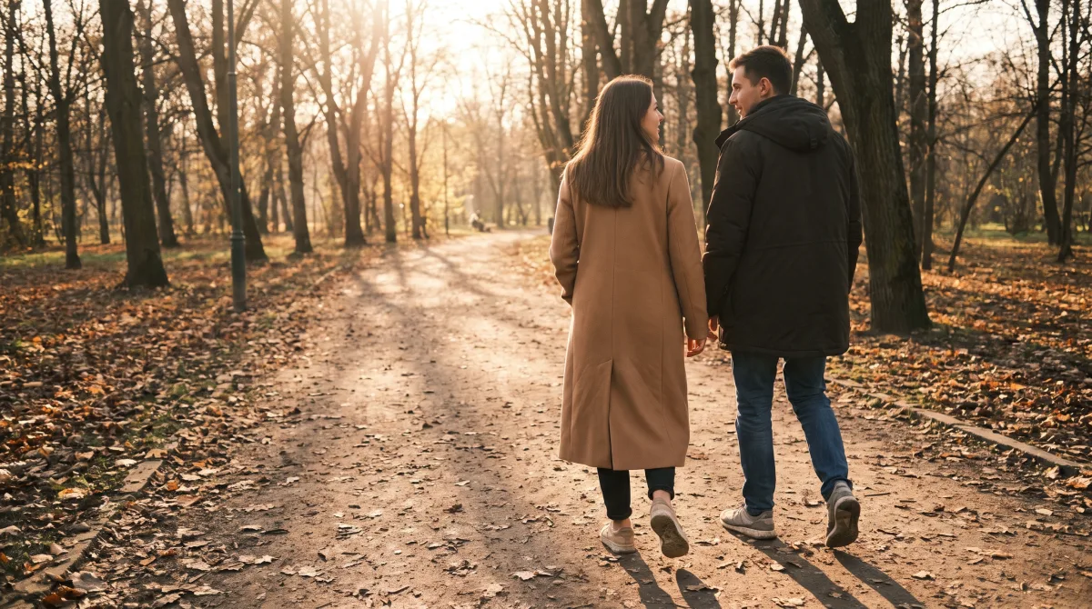 Two people walking away together along an autumn park path in low golden light