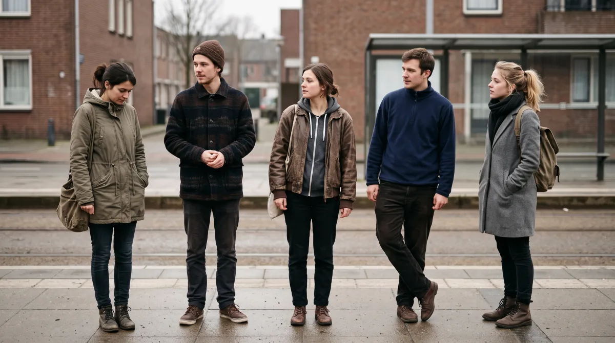 Five adults waiting at a tram stop, all evenly spaced and equally in focus, nobody foregrounded
