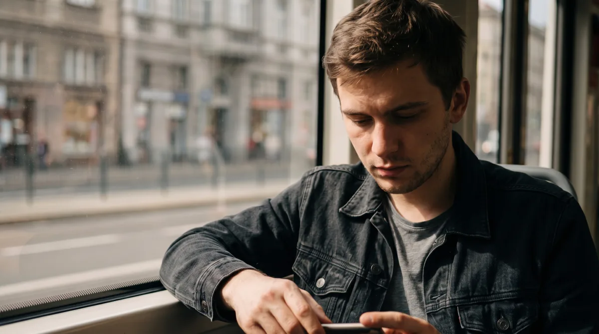 A man reading on a moving tram, warm window light crossing his face as he reads on his phone