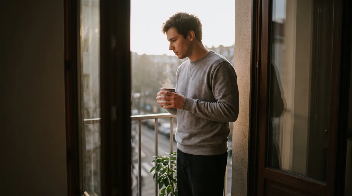 A man on his balcony in the morning light, both hands around a mug, thinking rather than scrolling