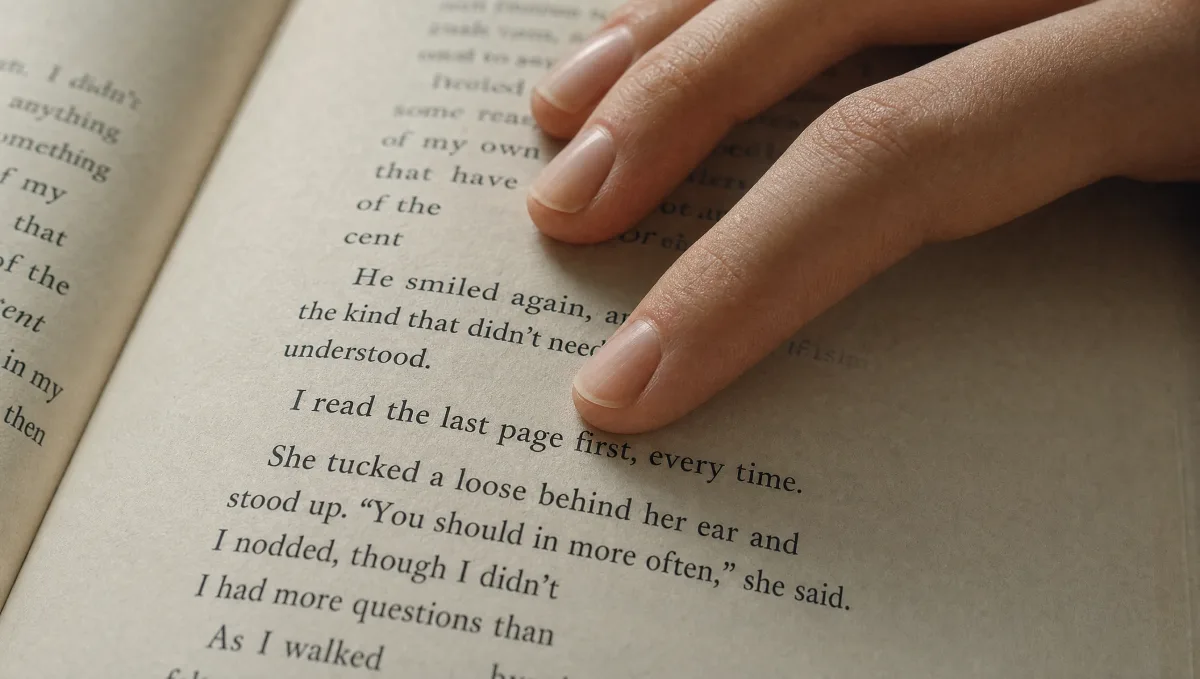 A close view of a fingertip resting beneath one printed line: I read the last page first, every time