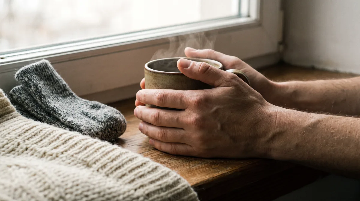 Hands wrapped around a warm mug on a wide windowsill, a blanket edge and wool socks visible