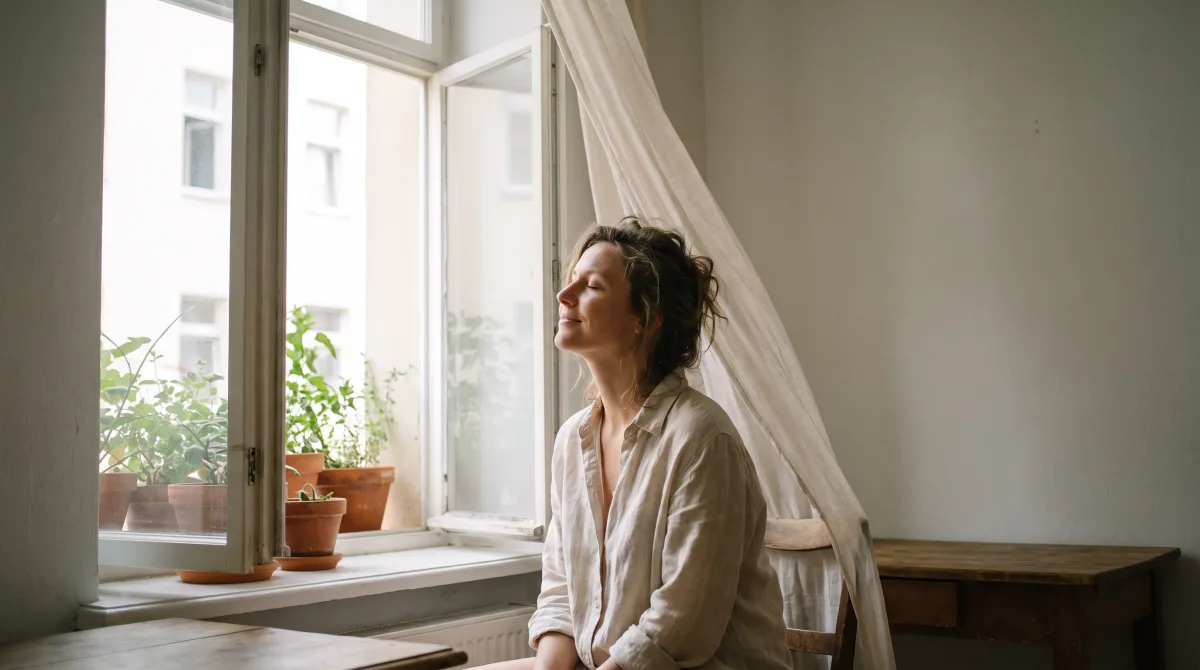 A person standing by an open window in a linen shirt, eyes closed, morning light and a moving curtain