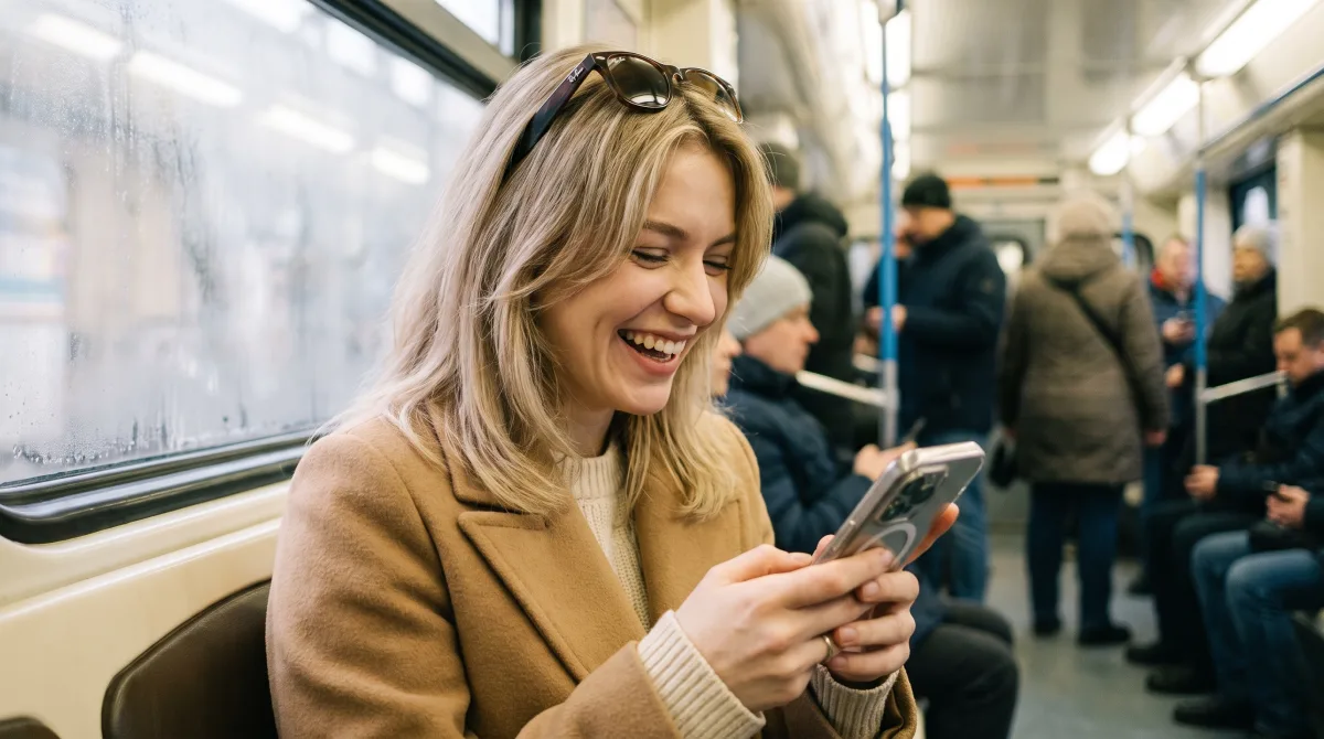 A stylish young woman laughing while typing a first message on her phone in a metro car