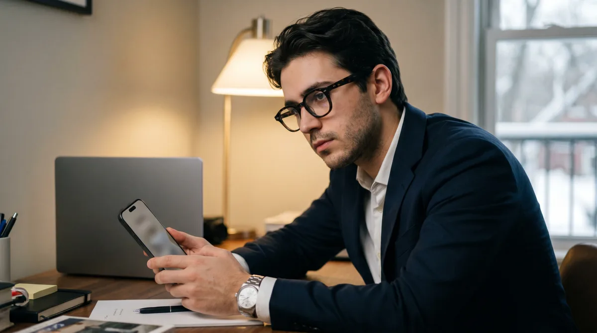 A polished young professional at a home office desk leaning toward his phone with a careful, discerning look, reviewing privacy settings