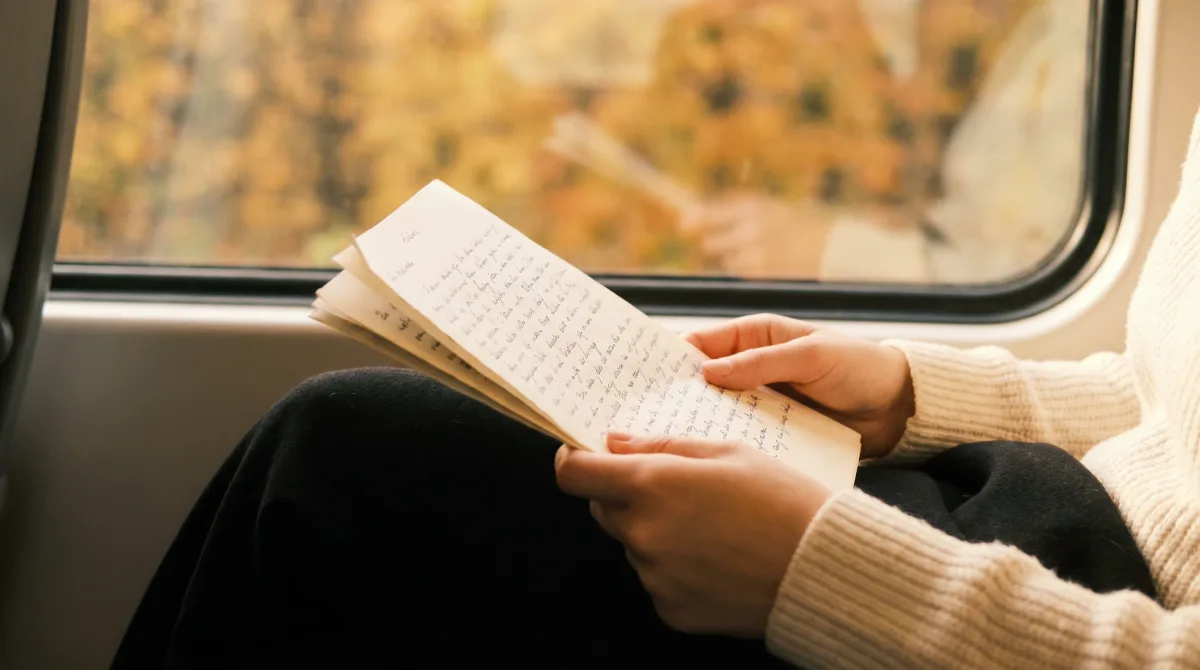 Close-up of hands holding handwritten pages on a lap, a personal dating essay in warm light