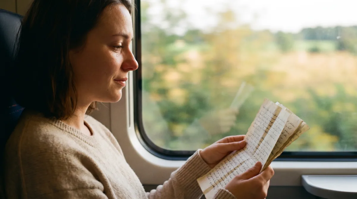 A young woman on a train reading folded handwritten pages in warm afternoon light