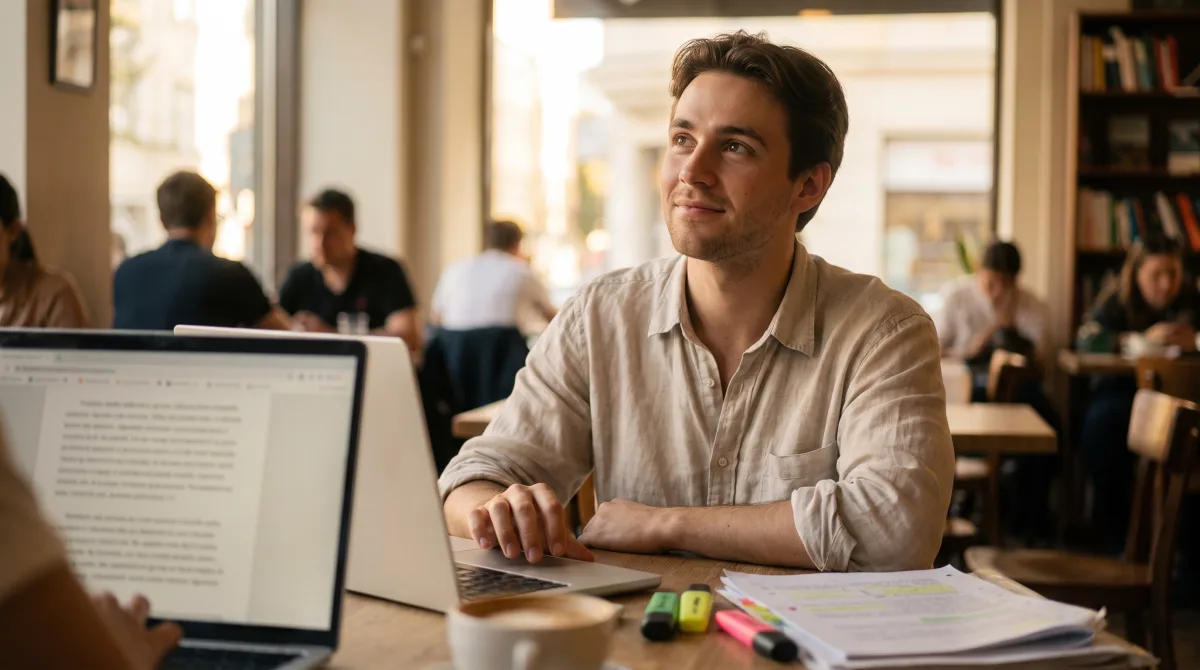 A young academic looking up from a MacBook and annotated papers in a campus café