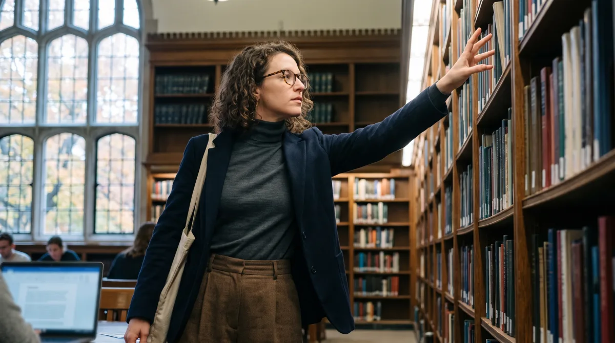 A young academic reaching along a library shelf for a book in soft autumn window light