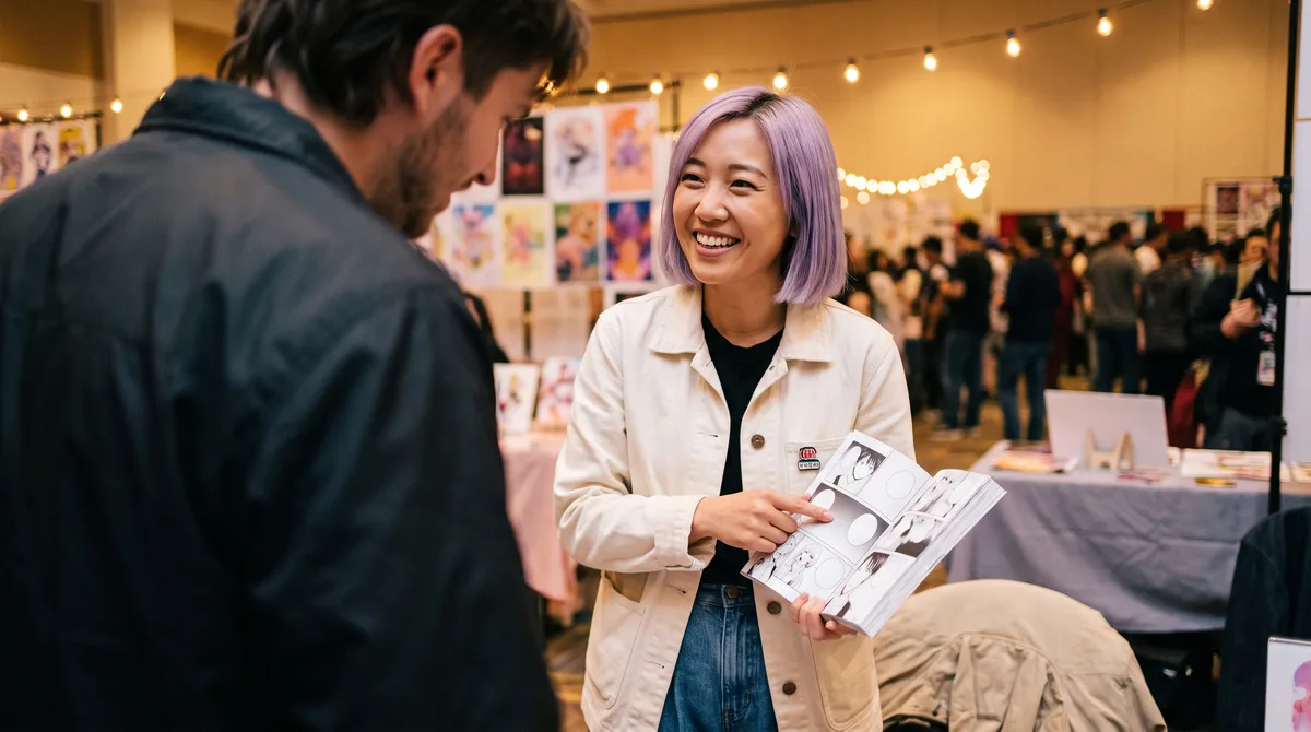 Two people stand close together in a convention artist alley, one holding open a manga volume and pointing at a page while the other leans in, string lights glowing overhead in the evening