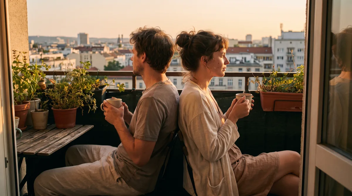Two people sitting close together on a balcony at golden hour, shoulders touching, both looking outward at the view rather than at each other
