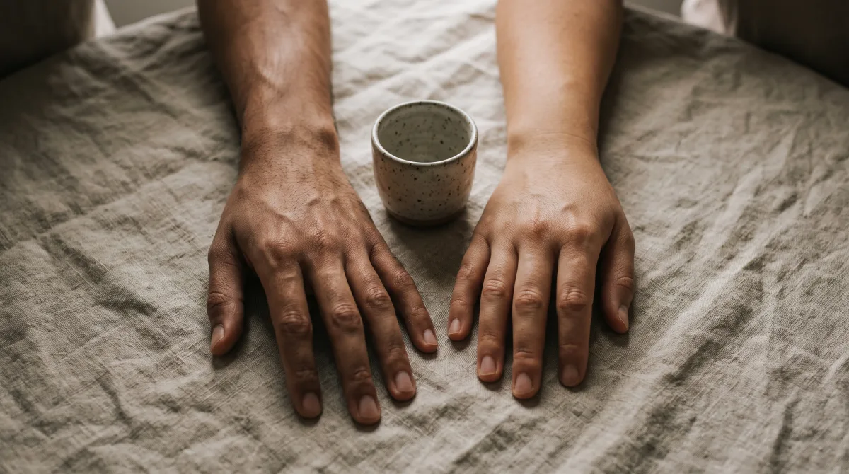 Close-up of two hands resting side by side on a linen tablecloth near a shared cup, not quite touching
