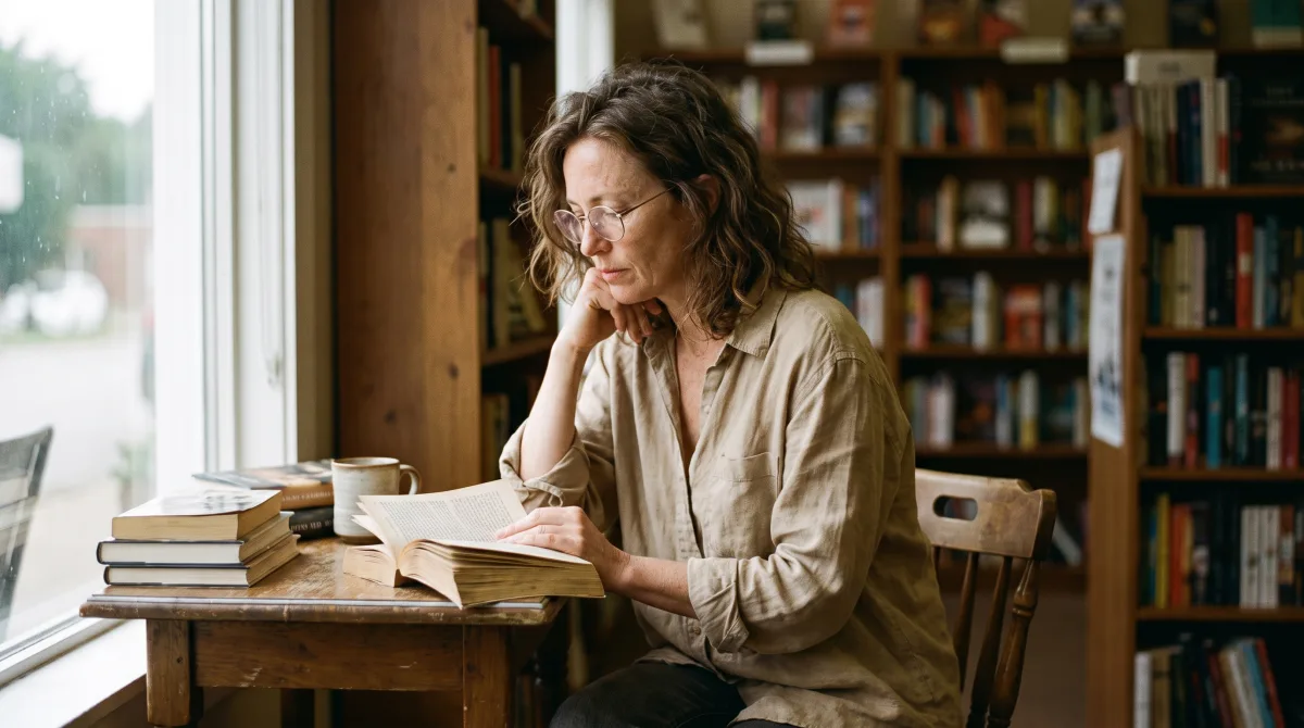 A woman in her late twenties reads at a table by a bookshop window in the last light of a mid-August afternoon, a stack of books beside her